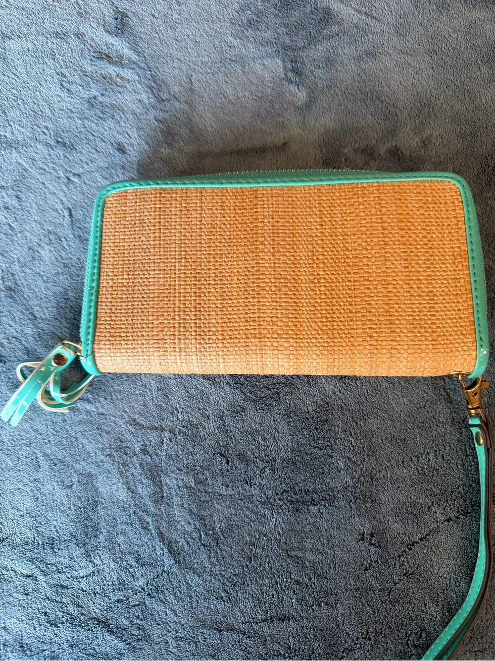 Woven Straw Wristlet Clutch with Teal Trim and Gold Pineapple Accent